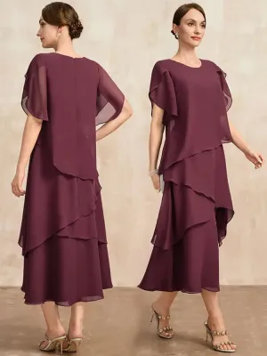 Elegant Women Burgundy Chiffon Midi Dress