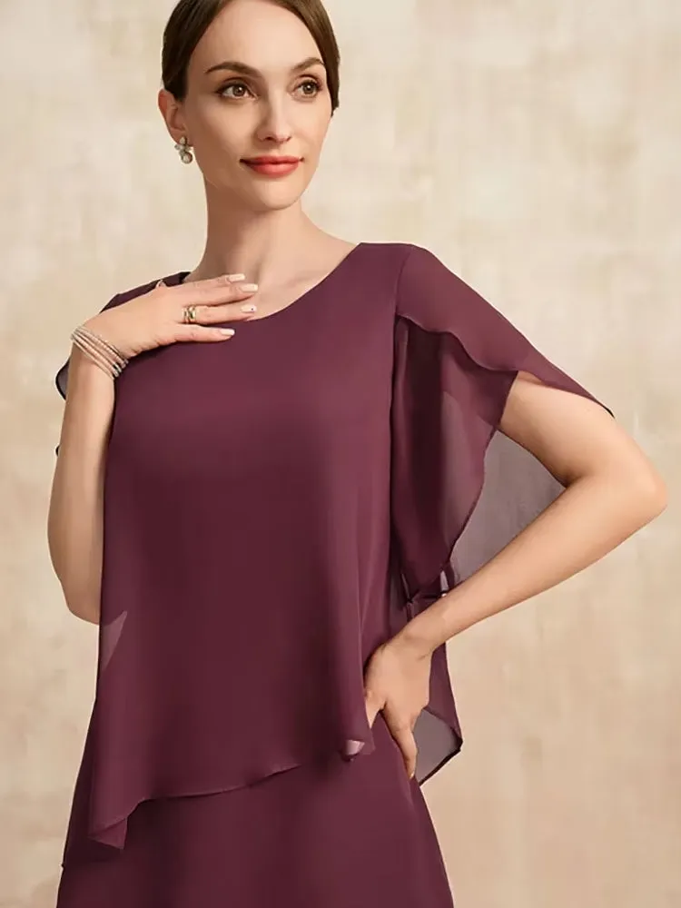 Elegant Women Burgundy Chiffon Midi Dress