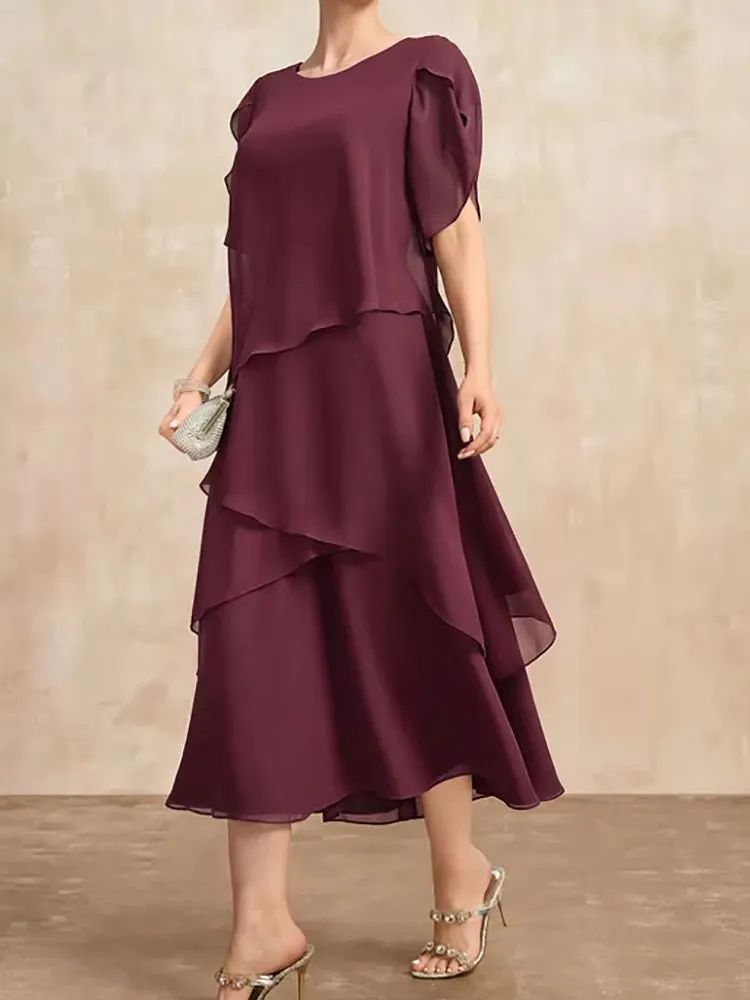 Elegant Women Burgundy Chiffon Midi Dress