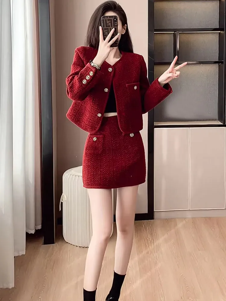 Elegant Women Short Coat Skirt Suit