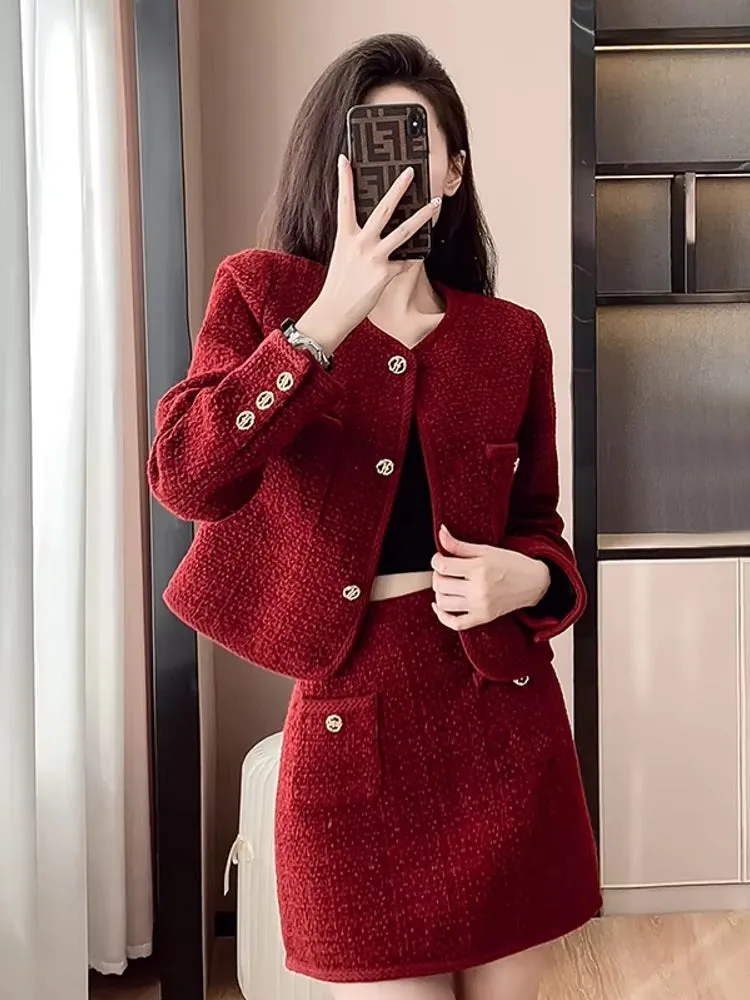 Elegant Women Short Coat Skirt Suit