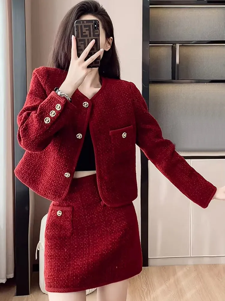 Elegant Women Short Coat Skirt Suit