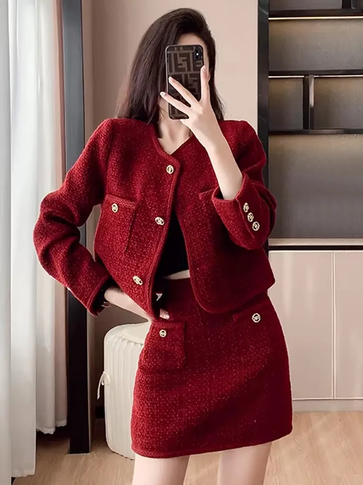 Elegant Women Short Coat Skirt Suit
