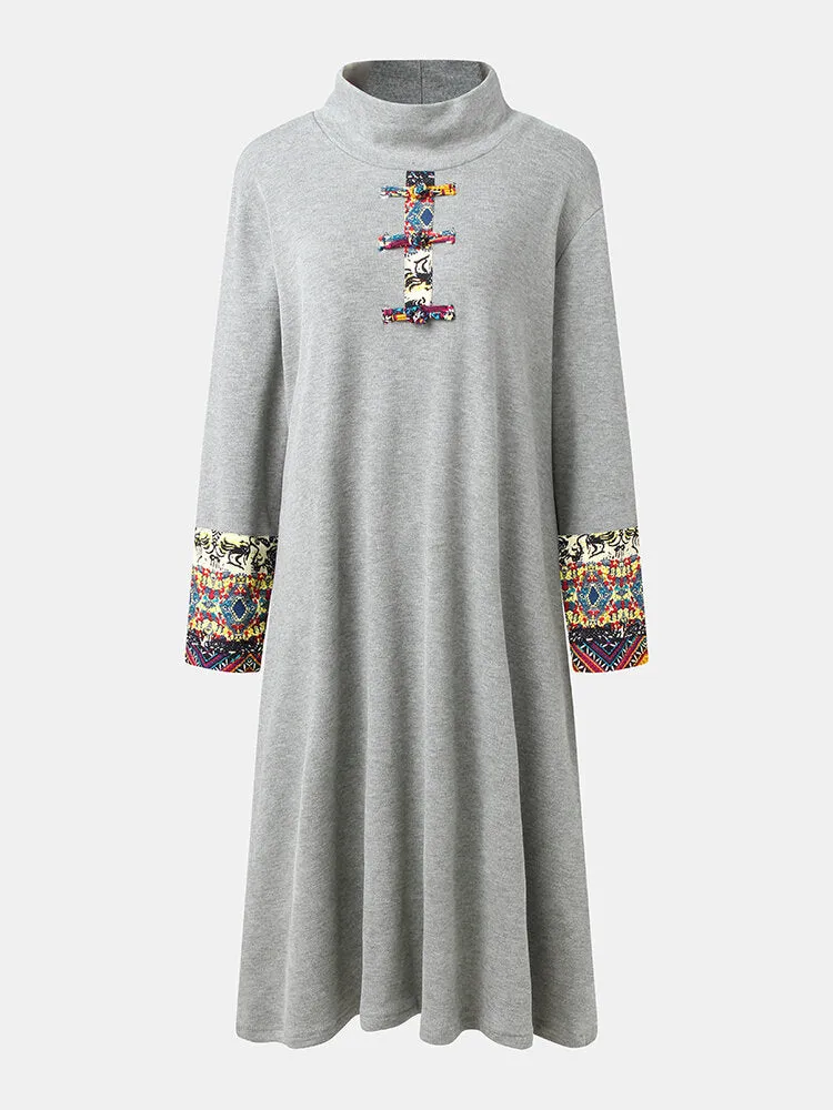Embroidered Patchwork Frog Button Long Sleeve Retro Women Midi Dress