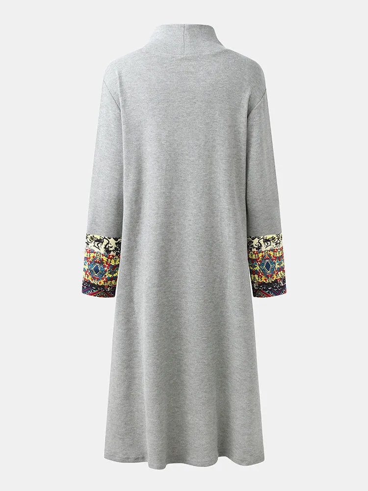 Embroidered Patchwork Frog Button Long Sleeve Retro Women Midi Dress