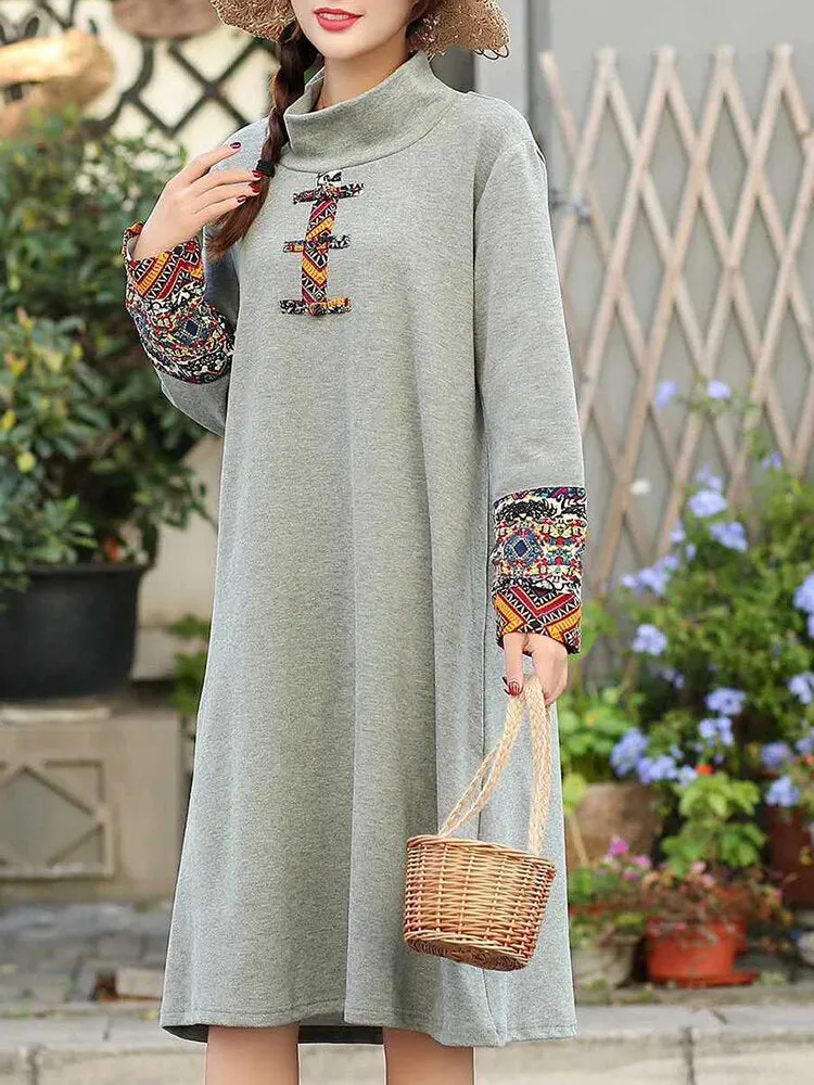 Embroidered Patchwork Frog Button Long Sleeve Retro Women Midi Dress