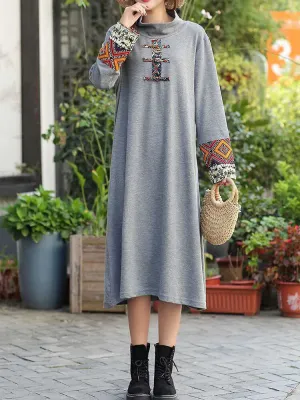 Embroidered Patchwork Frog Button Long Sleeve Retro Women Midi Dress