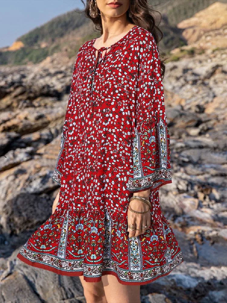Ethnic Floral Print O-neck 3/4 Sleeve Ruffles Hem Bohemian Holiday Mini Dress