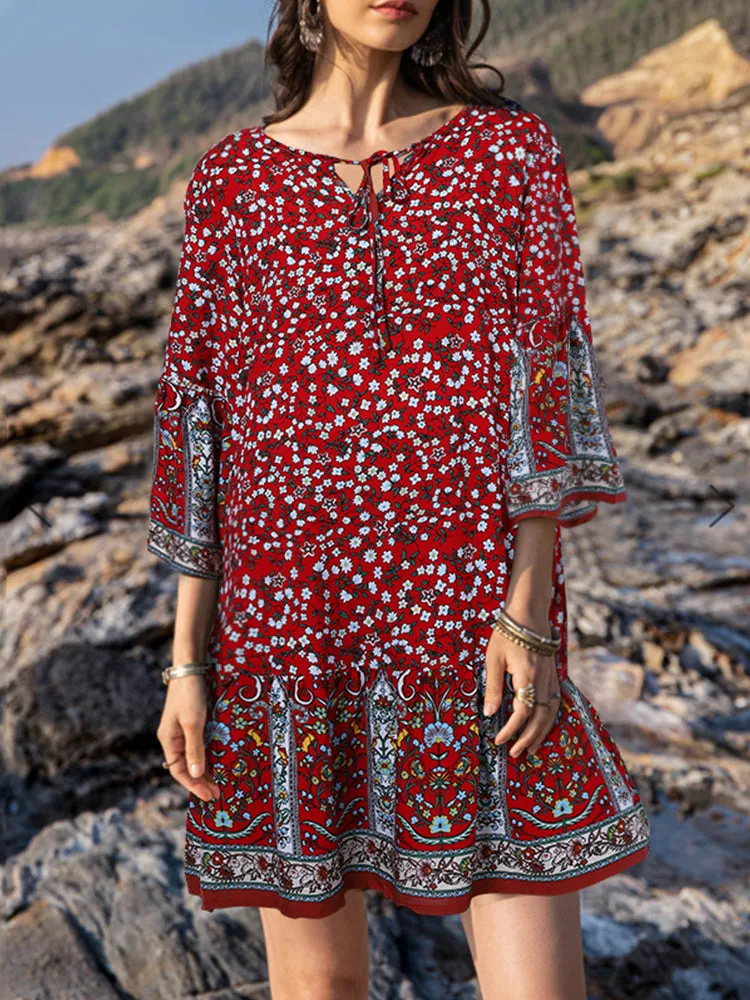 Ethnic Floral Print O-neck 3/4 Sleeve Ruffles Hem Bohemian Holiday Mini Dress
