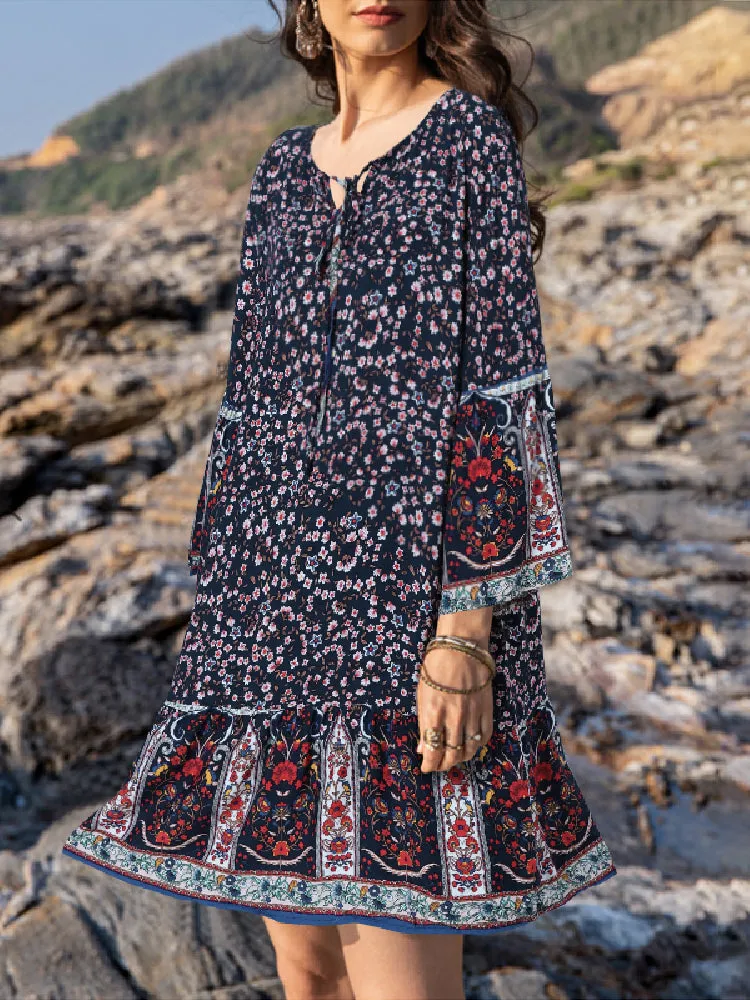 Ethnic Floral Print O-neck 3/4 Sleeve Ruffles Hem Bohemian Holiday Mini Dress