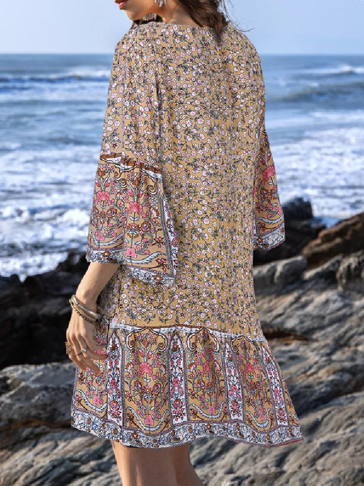 Ethnic Floral Print O-neck 3/4 Sleeve Ruffles Hem Bohemian Holiday Mini Dress