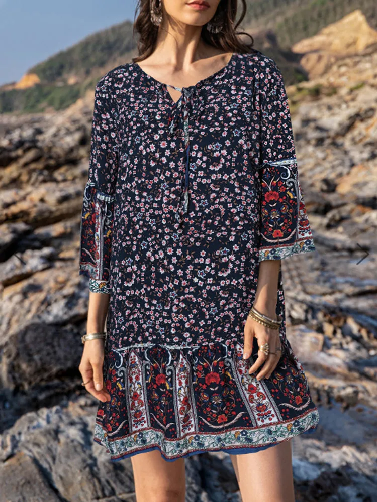 Ethnic Floral Print O-neck 3/4 Sleeve Ruffles Hem Bohemian Holiday Mini Dress