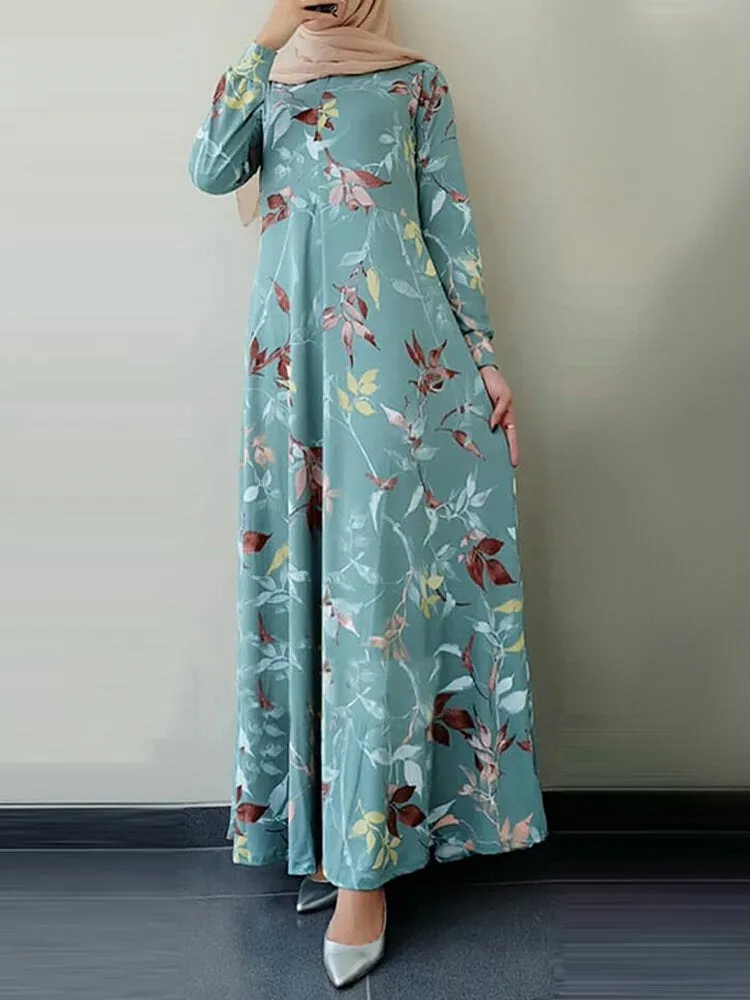 Ethnic Floral Print O-neck Bohemian Casual Long Sleeve Women Maxi Dress