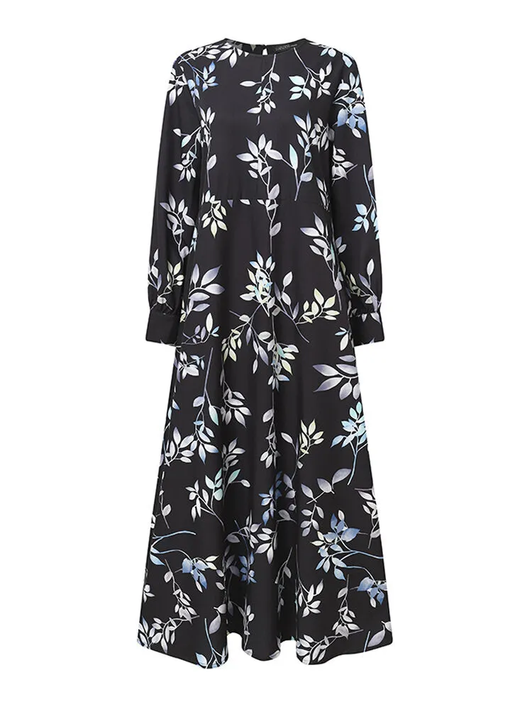 Ethnic Floral Print O-neck Bohemian Casual Long Sleeve Women Maxi Dress