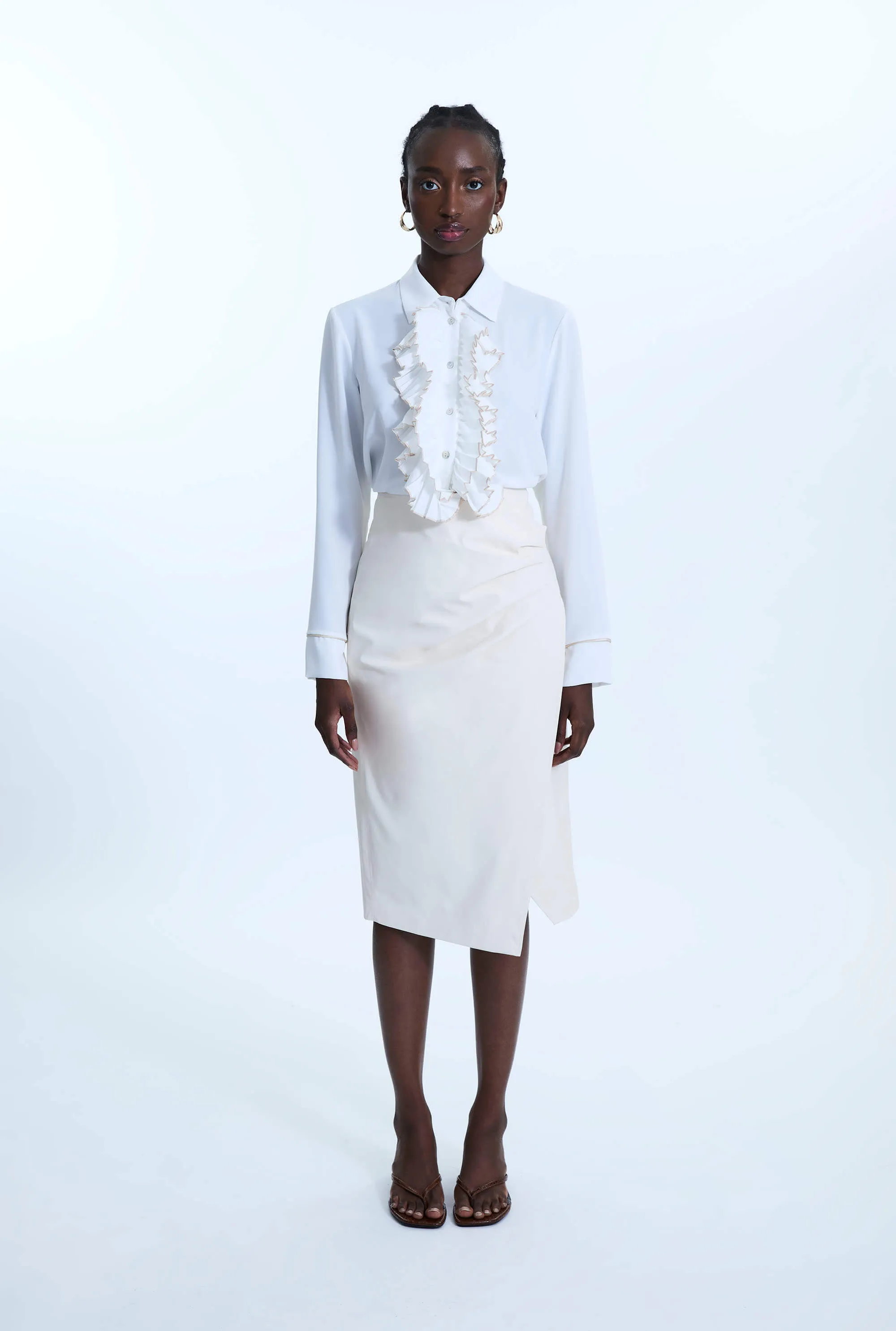Faux Leather Side Ruched Skirt Cream