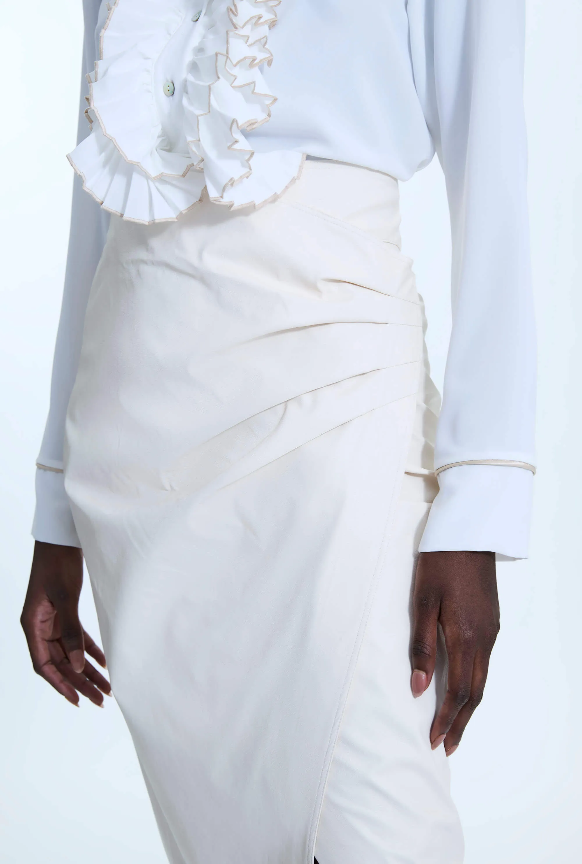 Faux Leather Side Ruched Skirt Cream