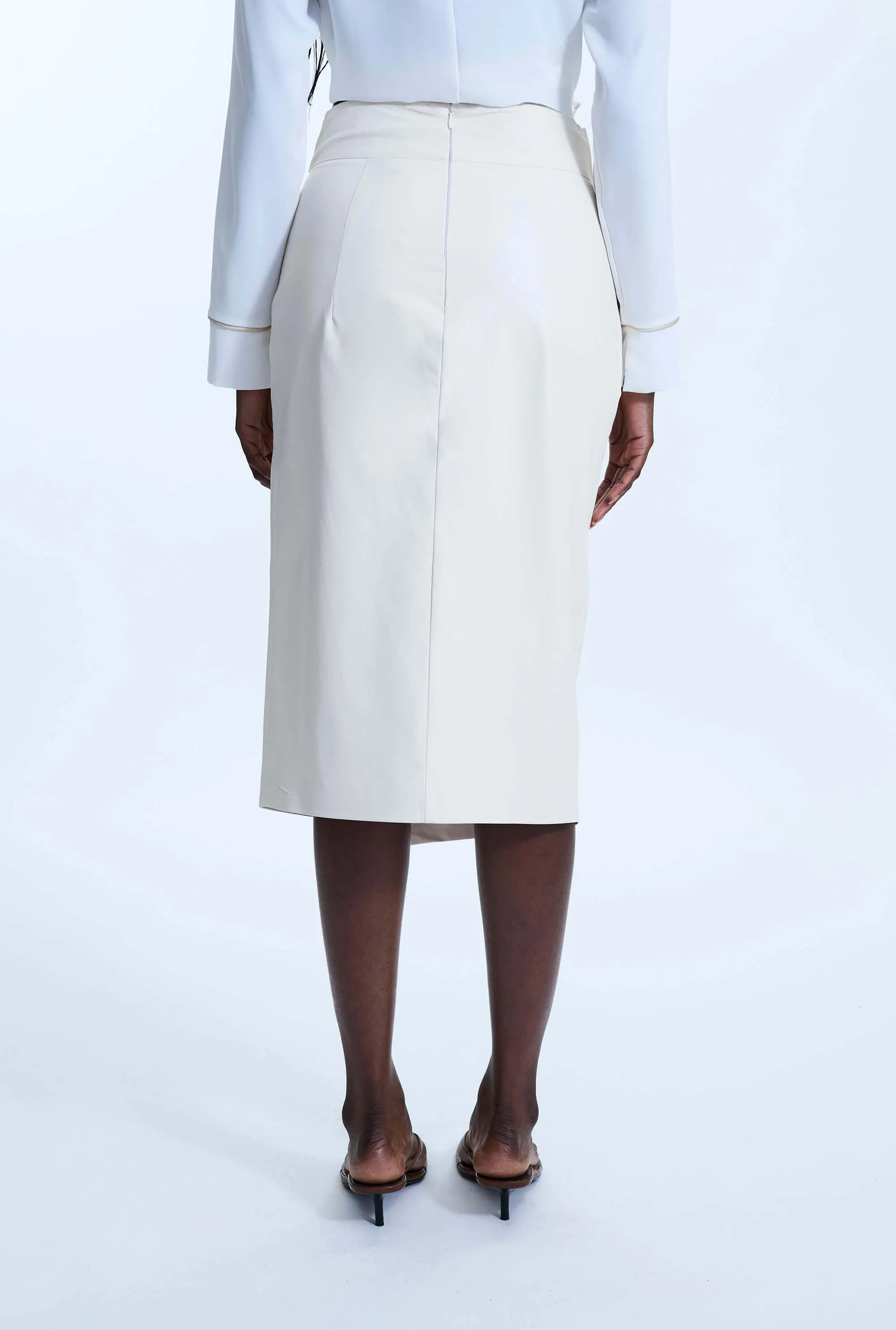 Faux Leather Side Ruched Skirt Cream