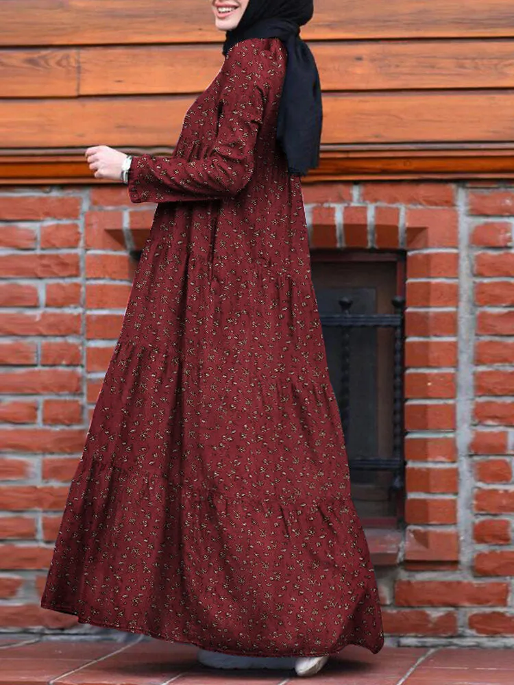 Floral Print O-neck Retro Casual Long Sleeve Layered Pockets Women Maxi Dress