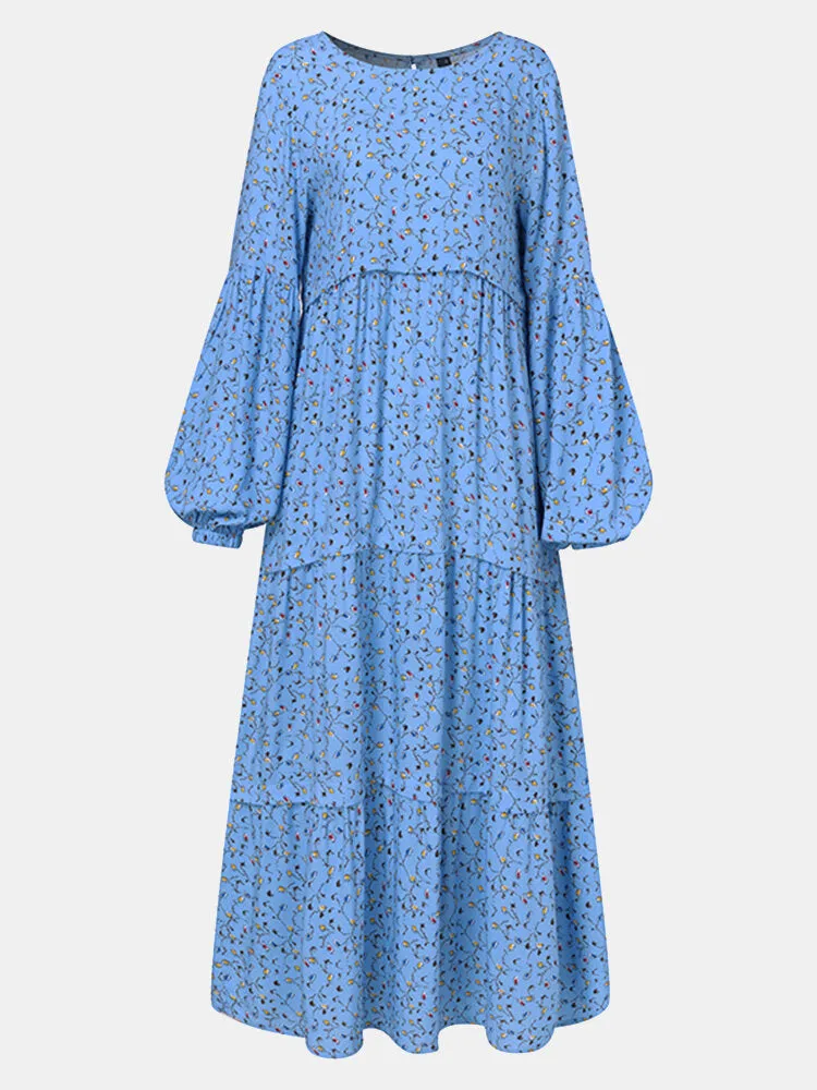 Floral Print Tiered Round Neck Button Back Casual Puff Sleeve Women Maxi Dress