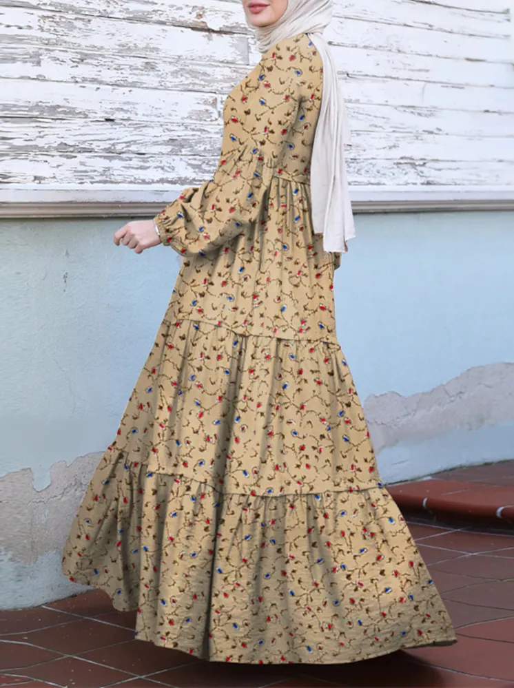 Floral Print Tiered Round Neck Button Back Casual Puff Sleeve Women Maxi Dress