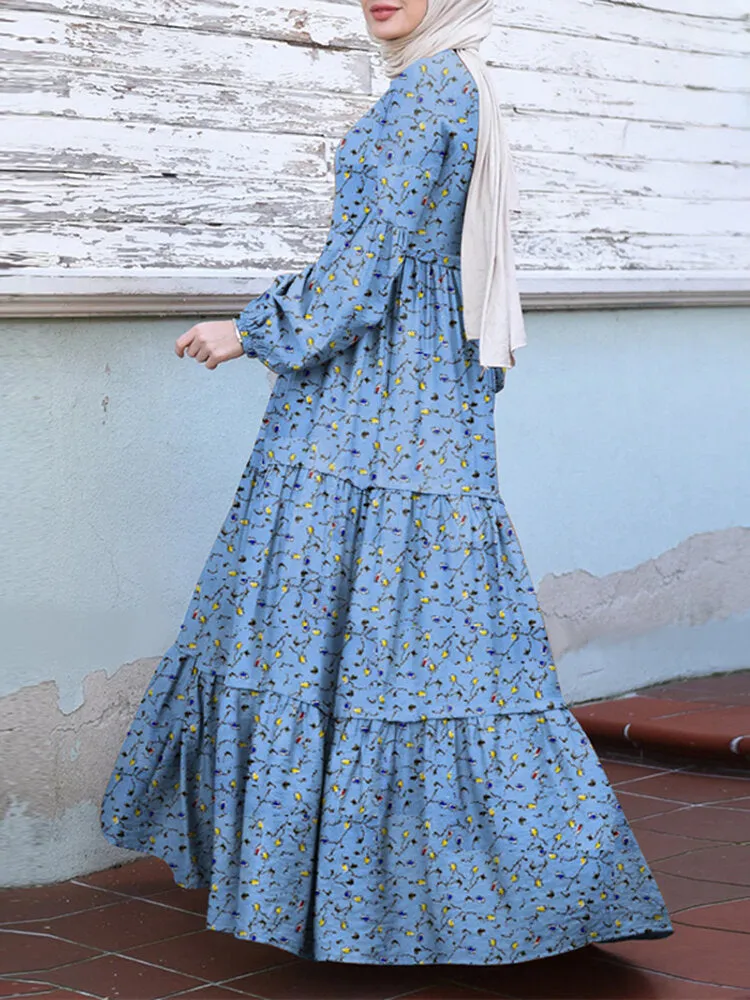 Floral Print Tiered Round Neck Button Back Casual Puff Sleeve Women Maxi Dress