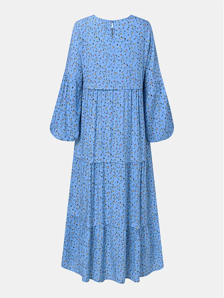 Floral Print Tiered Round Neck Button Back Casual Puff Sleeve Women Maxi Dress