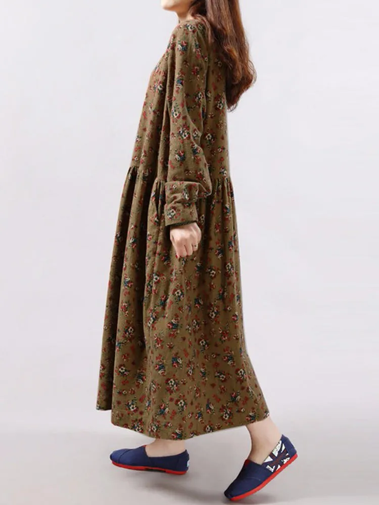 Floral Printed Pleated Long Sleeve Women Maxi Dress