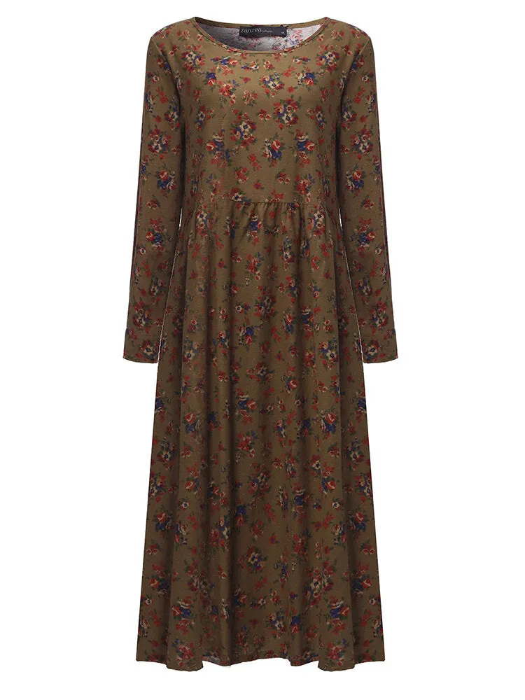 Floral Printed Pleated Long Sleeve Women Maxi Dress