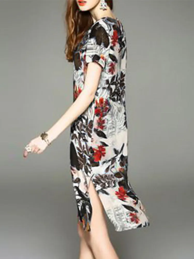 Floral Short Sleeve O-neck Split Mini Dress