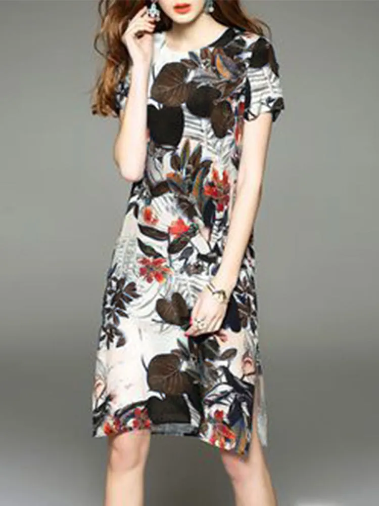 Floral Short Sleeve O-neck Split Mini Dress