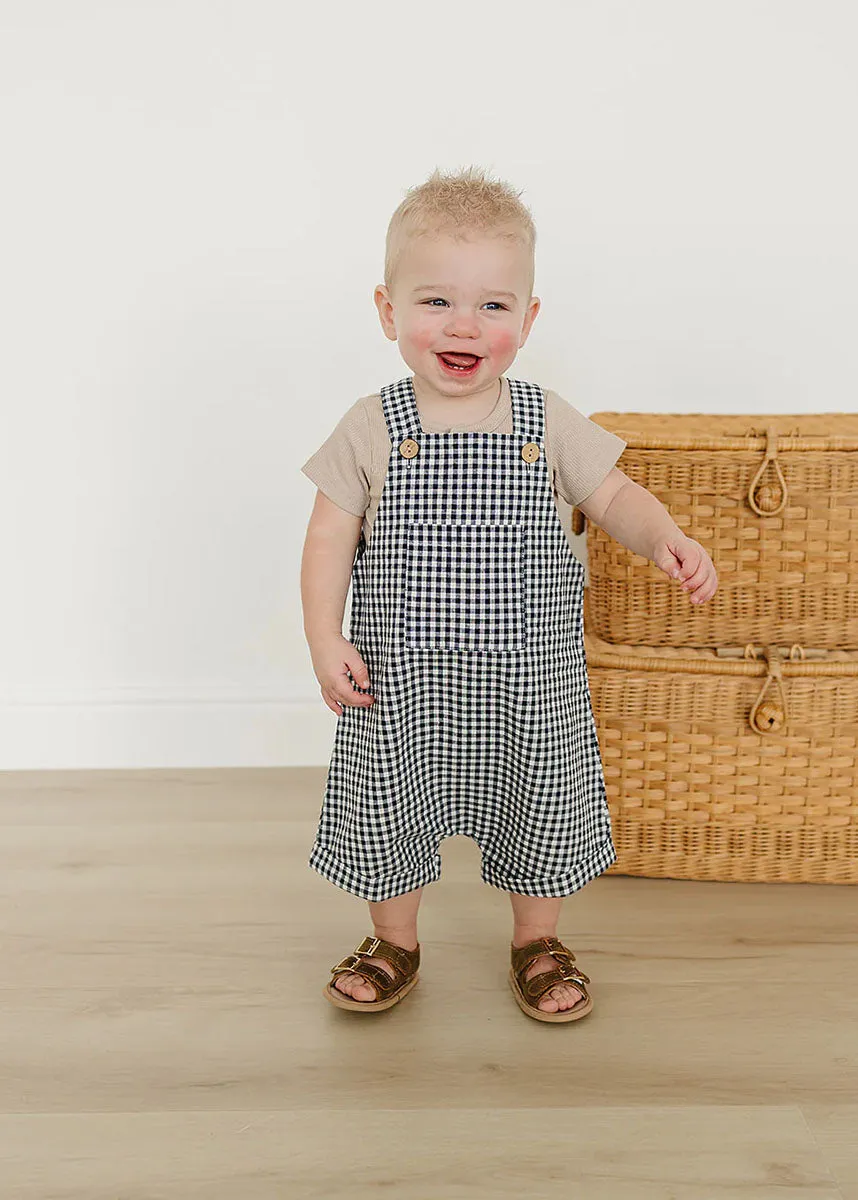Gingham Short Linen Overalls