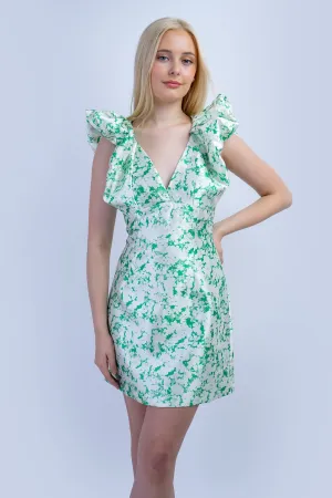 Green White Ruffle Shoulder Dress