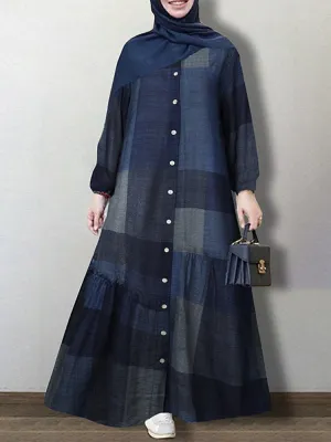 Grid Printed Button Down Front Elastic Cuff Bohemian O-neck Maxi Shirt Women Maxi Dress