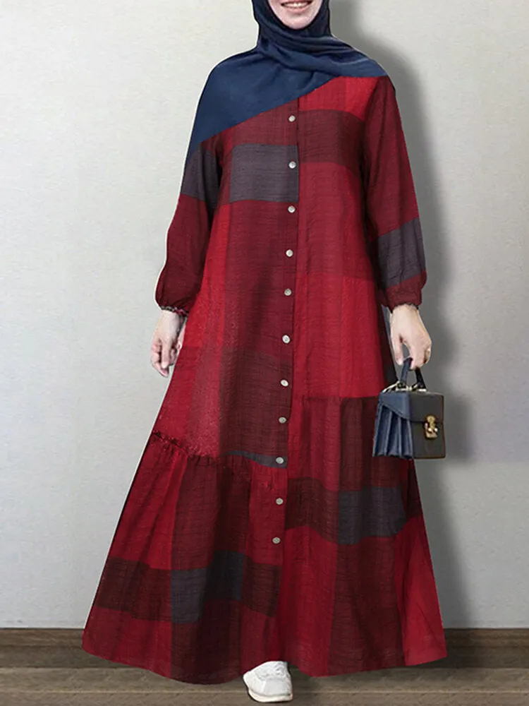 Grid Printed Button Down Front Elastic Cuff Bohemian O-neck Maxi Shirt Women Maxi Dress
