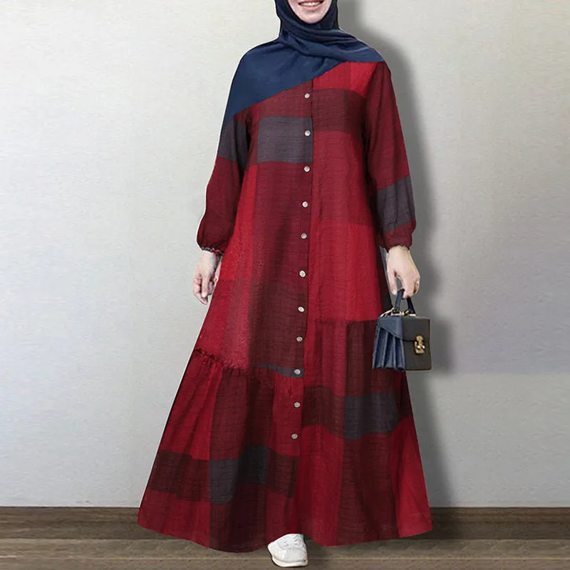 Grid Printed Button Down Front Elastic Cuff Bohemian O-neck Maxi Shirt Women Maxi Dress