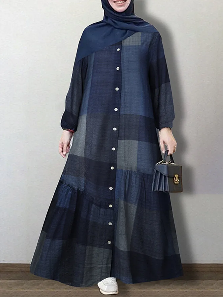 Grid Printed Button Down Front Elastic Cuff Bohemian O-neck Maxi Shirt Women Maxi Dress