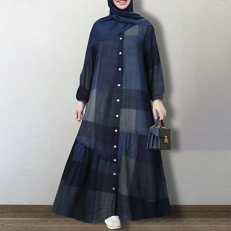 Grid Printed Button Down Front Elastic Cuff Bohemian O-neck Maxi Shirt Women Maxi Dress