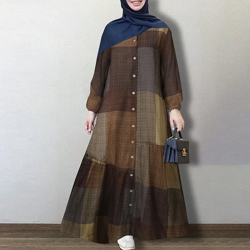 Grid Printed Button Down Front Elastic Cuff Bohemian O-neck Maxi Shirt Women Maxi Dress