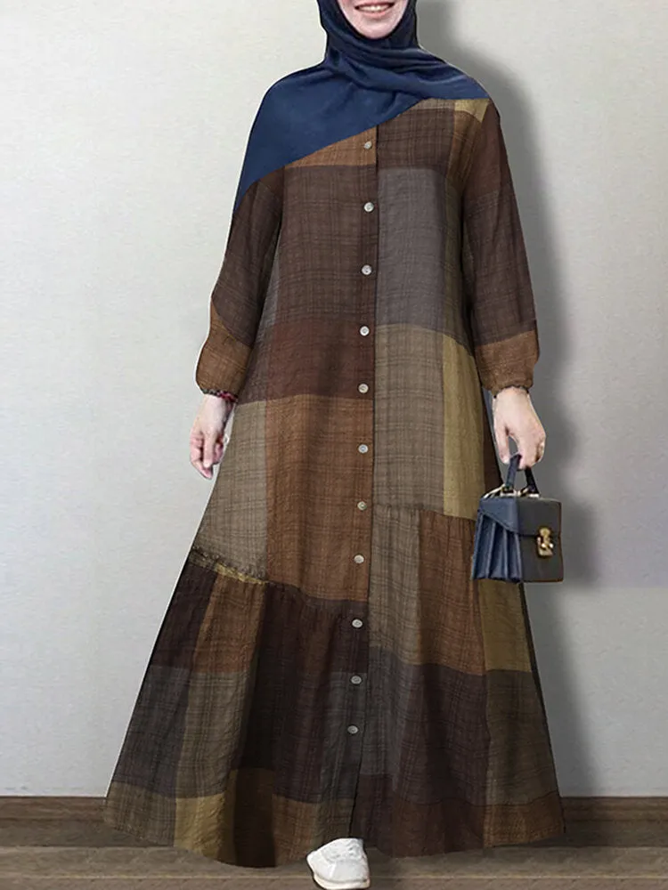Grid Printed Button Down Front Elastic Cuff Bohemian O-neck Maxi Shirt Women Maxi Dress