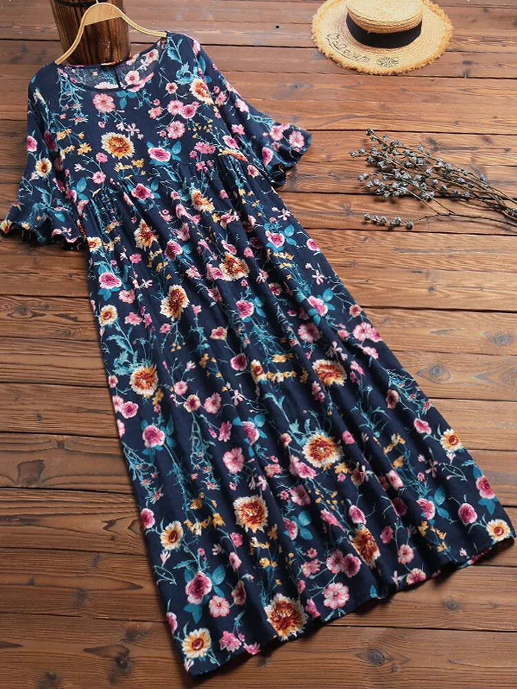 Half Sleeve O-neck Pleated Floral Print Vintage Women Maxi Dress
