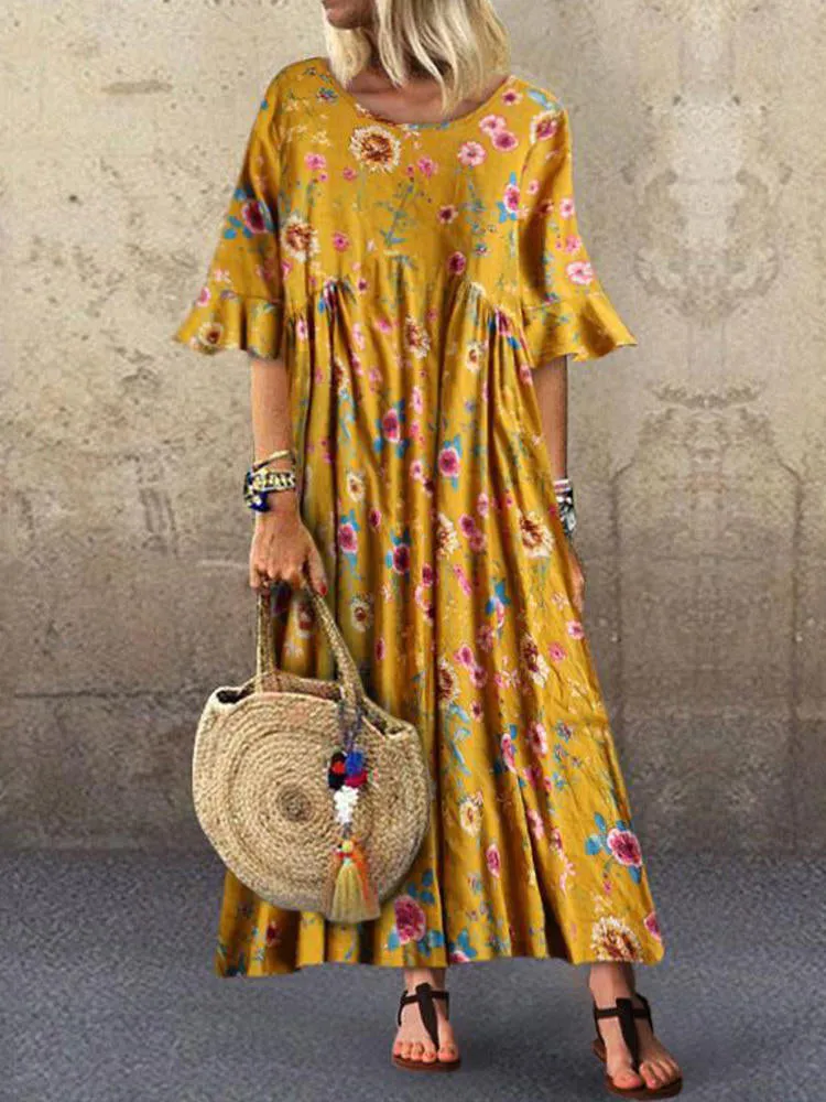 Half Sleeve O-neck Pleated Floral Print Vintage Women Maxi Dress