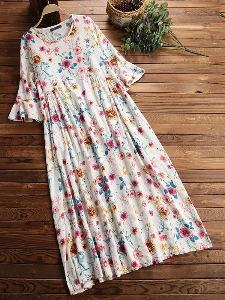 Half Sleeve O-neck Pleated Floral Print Vintage Women Maxi Dress
