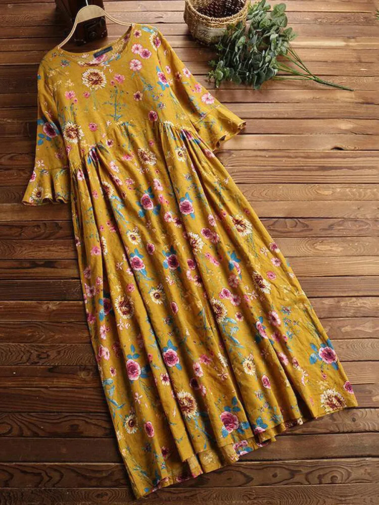 Half Sleeve O-neck Pleated Floral Print Vintage Women Maxi Dress