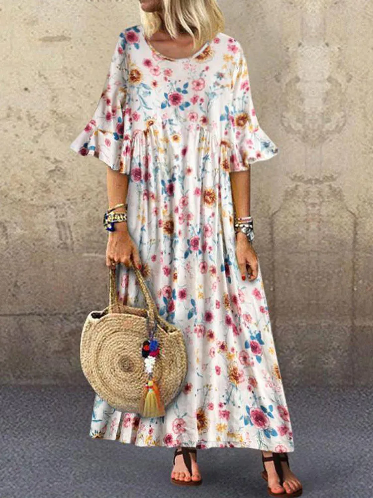 Half Sleeve O-neck Pleated Floral Print Vintage Women Maxi Dress