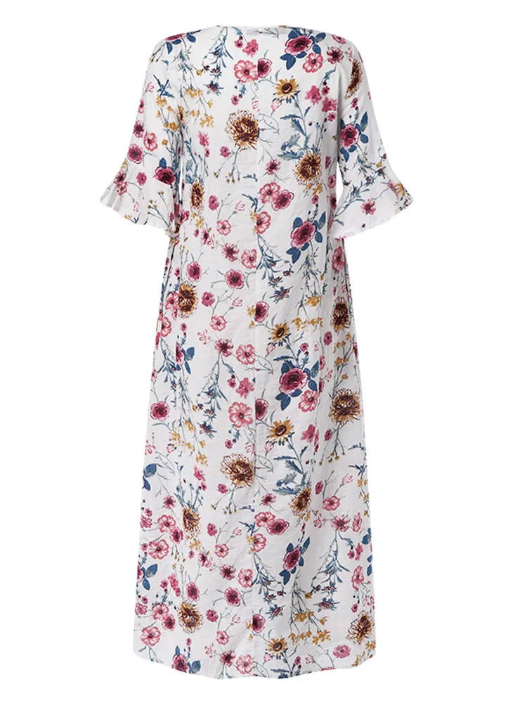 Half Sleeve O-neck Pleated Floral Print Vintage Women Maxi Dress
