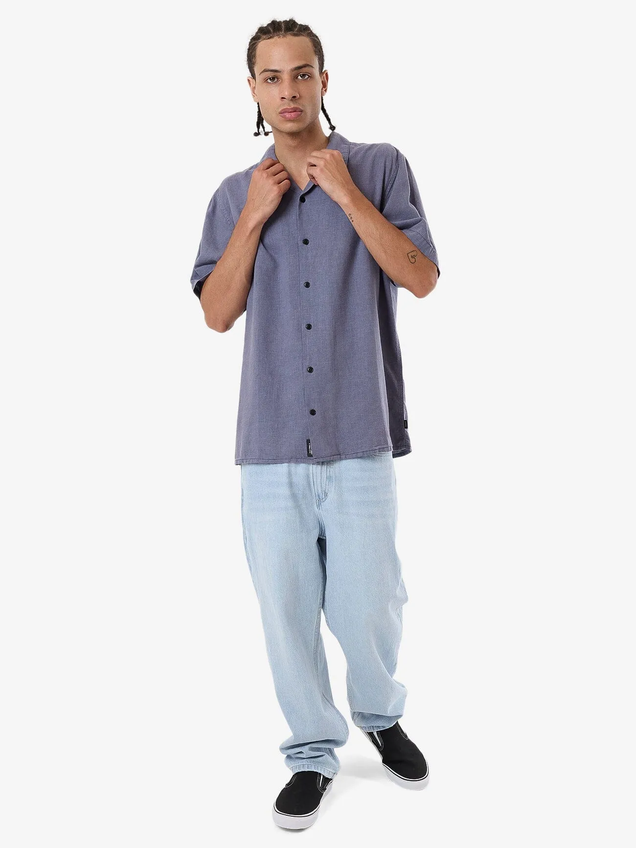 Hemp Minimal Thrills Contrast Stitch Bowling Shirt - Folkstone Grey