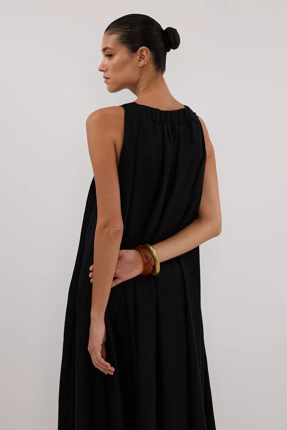 ISABELLE BLACK LINEN MIDI DRESS