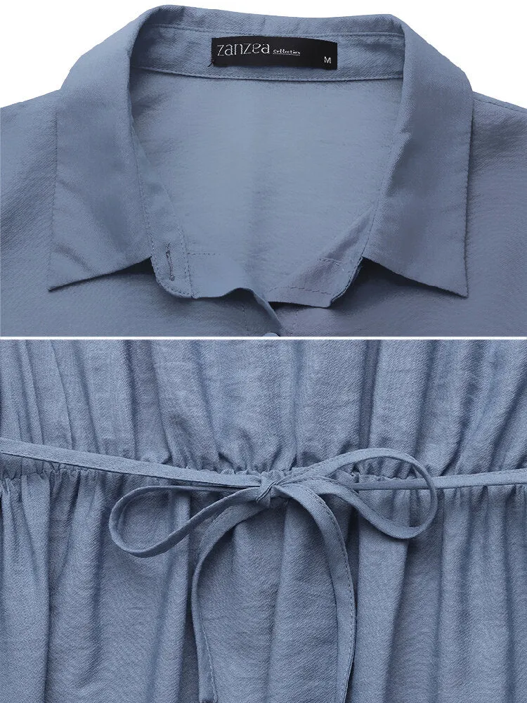 Kaftan Pure Color Lapel Front Pockets Tooling Women Maxi Dress