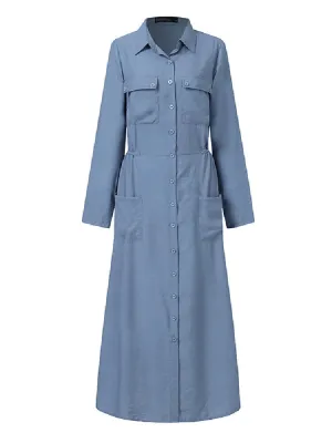 Kaftan Pure Color Lapel Front Pockets Tooling Women Maxi Dress