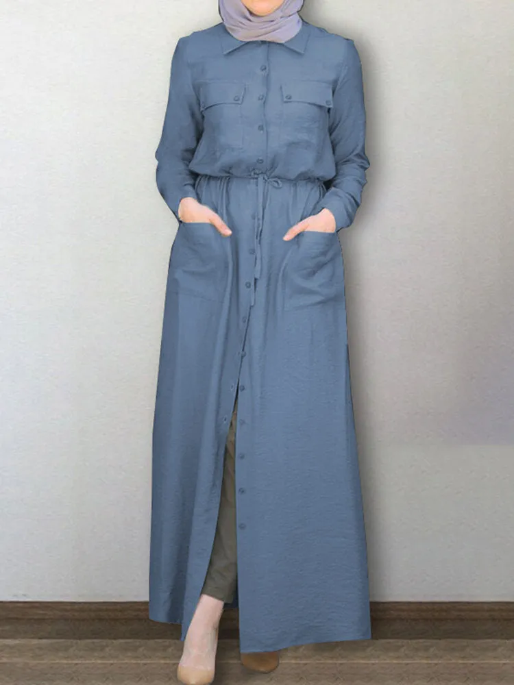 Kaftan Pure Color Lapel Front Pockets Tooling Women Maxi Dress
